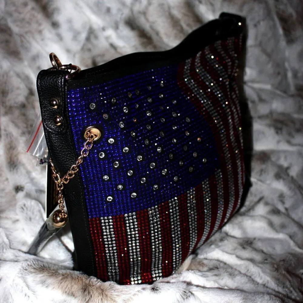 American Flag Red White Blue Rhinestone Bling Black Hobo Crossbody Shoulder Bag